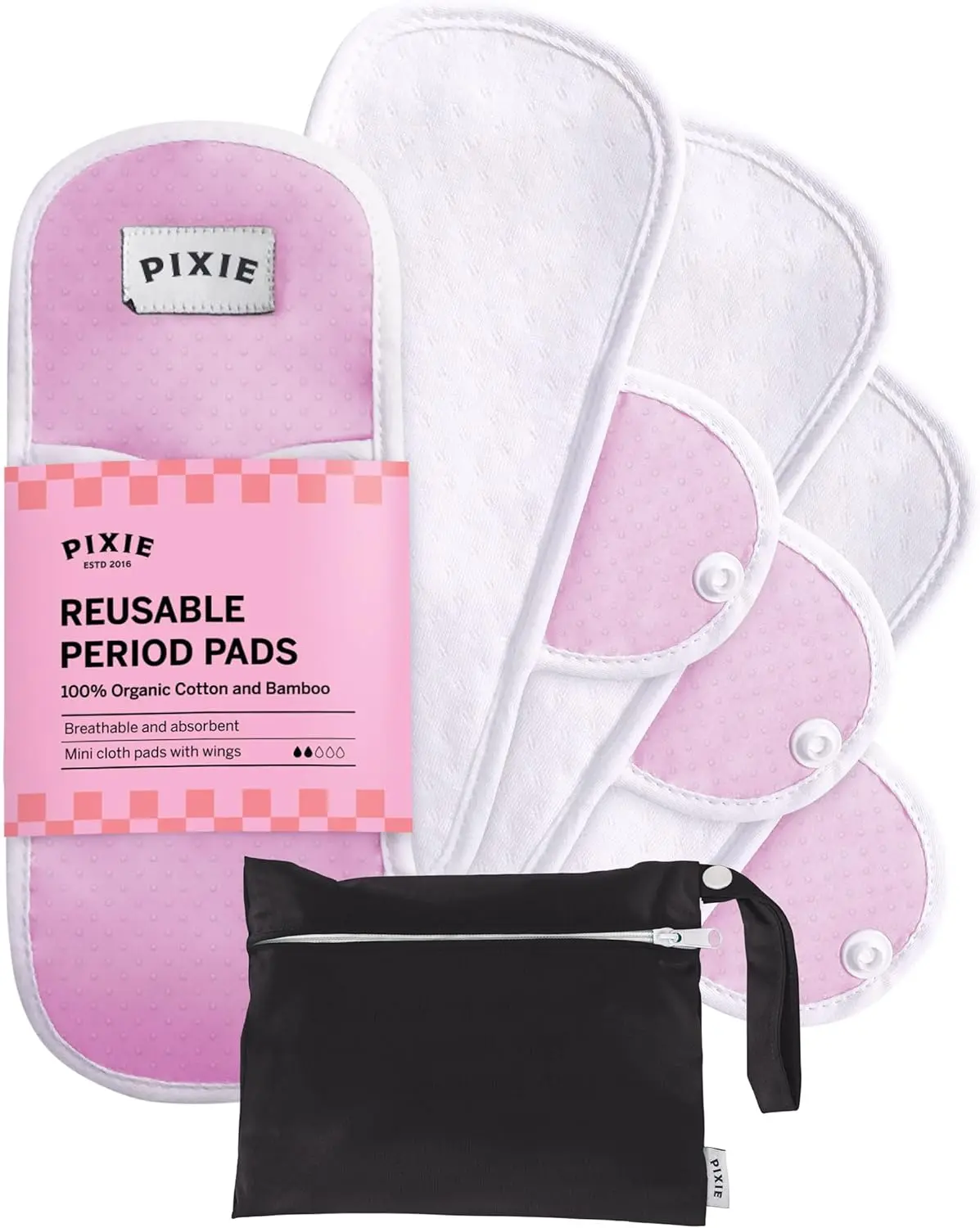 Pixie Cotton Cloth Pads for Feminine Care - 100% Organic Reusable Pads - Ranked 1 for Softest Menstrual Sanitary Napkins - Machine Washable & Includes Free Wet Bag - Menstrual Liner (Mini)