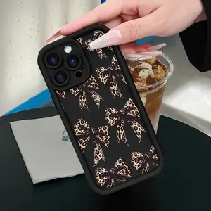 Leopard Print Bow Painted Black Phone Case, Thickened Shockproof And Drop-Resistant Matte TPU Soft Protective Cover, Birthday Gift, Valentine'S Day Gift, Holiday Gift for Family, for Friends, for Partners, for, Compatible with IPHONE 16E 15 14 13 12 11 XS
