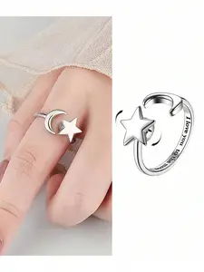 1Pc Female Decompression Ring Rotatable Opening Adjustable Finger Ring Relieve Anxiety Gift, Moon Star, Anxiety Fidget Ring