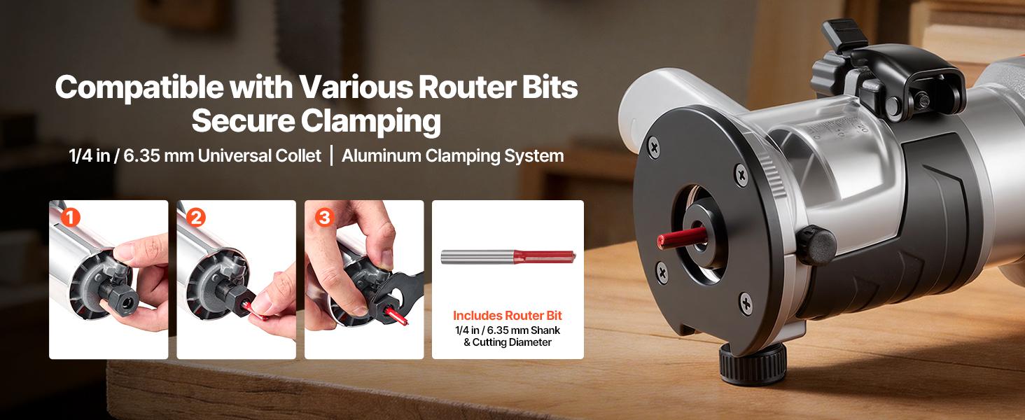 VEVOR Wood Router, 1 HP 710W, Variable Speed Palm Router Tool with Soft Start, Compact Wood Edge Trimmer with Fixed Base & 1/4-Inch Collet, Dust Hood, for Woodworking, Trimming, DIY Projects, Corded