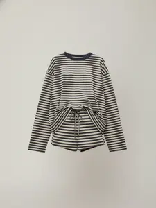 Y2K Striped Lounge Set, Oversized Long Sleeve Top & Adjustable Drawstring Shorts, Streetwear Aesthetic, Comfortable Casual Everyday Wear, Loungewear, Homewear, Womenswear