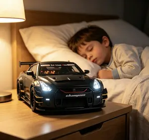 Nissan GTR R35 Widebody Race Car Alarm Clock Model Car with LED Light Spray, Openable Doors & Functional Digital Clock, Top Racer Track Edition Sports Car Decor Toy for Bedroom Desk, Gift for Car Lovers Boys Teens