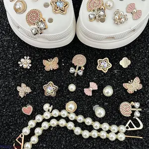 18-PCS Assorted Bling Rhinestone Pearl Shoe Charms - Ideal for DIY Clog Decoration, Gift Making & Custom Sandal Styling，Rhinestone & Pearl Shoe Charm Set — Sparkling Metal Decorative Shoe Buckles (Butterfly, Star, & Bow Designs)
