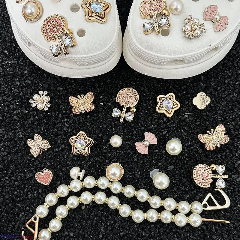 18-PCS Assorted Bling Rhinestone Pearl Shoe Charms - Ideal for DIY Clog Decoration, Gift Making & Custom Sandal Styling，Rhinestone & Pearl Shoe Charm Set — Sparkling Metal Decorative Shoe Buckles (Butterfly, Star, & Bow Designs)