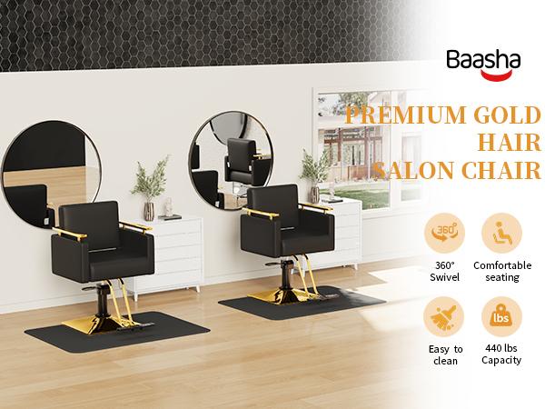 Baasha Professional Black and Gold Salon Chair, Luxury Hydraulic Styling Chair with Soft PU Leather, High-Density Foam Cushion, 360° Swivel, Heavy-Duty Steel Frame, 330 lbs Capacity, Ergonomic Design