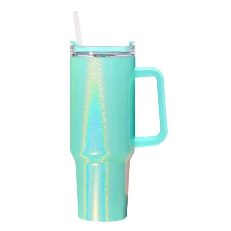 40oz Teal Glitter Insulated Tumbler with Handle & Straw