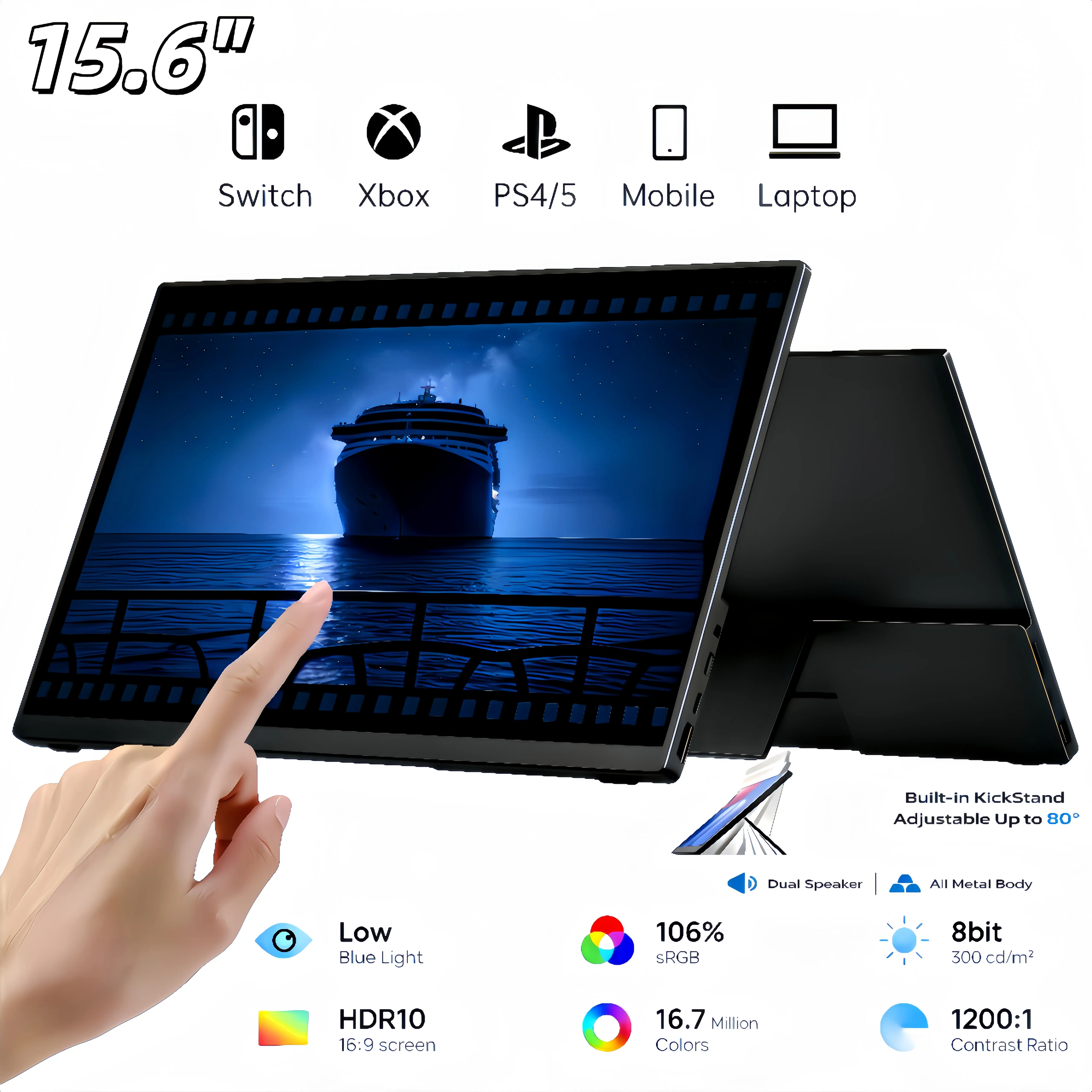 15.6" FHD Portable Gaming Monitor - Touchscreen, 144Hz/60Hz Dual-Mode, 100% sRGB, Built-in Stand, Plug & Play for PS5/Xbox/PC