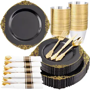 175count Black and Gold Plastic Plates - Disposable Black Party Plates & Pre Rolled Napkins with Cutlery for 25 Guests, 50Plates, 75Silverware, 25Cups, 25Napkin for Wedding & Party