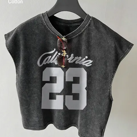 Men's Casual Letter Print Street Loose Fit California 23 Washed Distressed Vest, Vintage Breathable High-Quality Cotton Sleeveless Top for Summer Breathable Sleeveless Design