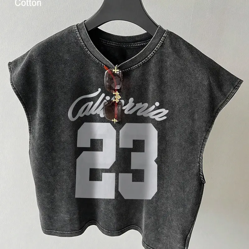 Men's Casual Letter Print Street Loose Fit California 23 Washed Distressed Vest, Vintage Breathable High-Quality Cotton Sleeveless Top for Summer Breathable Sleeveless Design