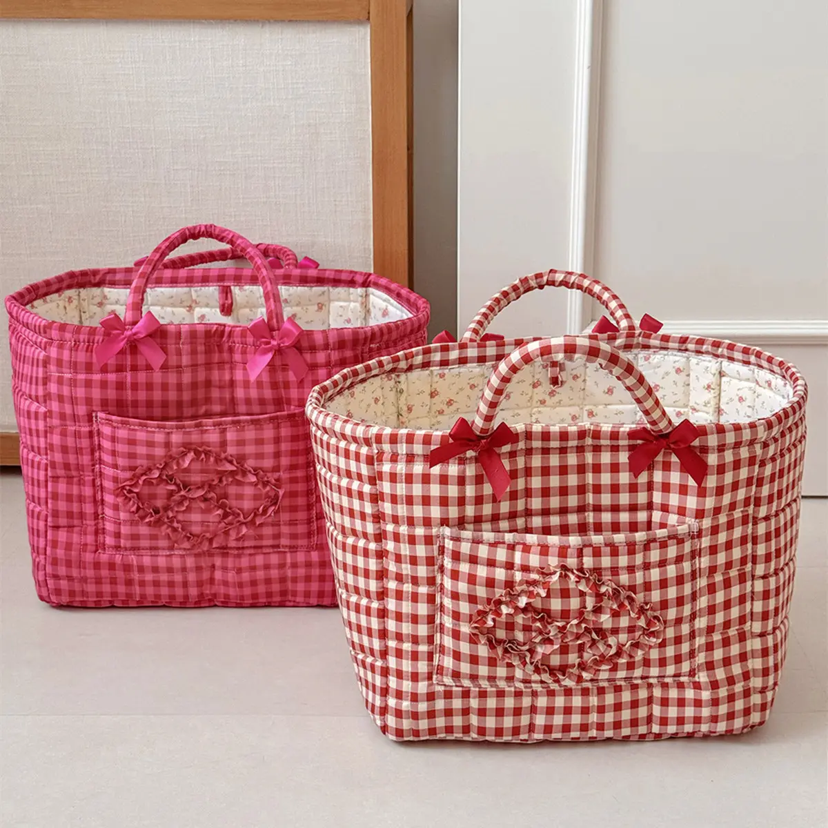 Vintage Red-Pink Plaid Bow Large Polyester Storage Basket with Ruffles, Heart Front Pocket, Handles & Soft Quilted Design – Girls' Coquette Aesthetic Travel Makeup Wash Tote Organizer