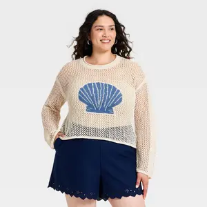 Women's Open Work Shell Pullover Sweater - A New Day Cream/Blue 3X