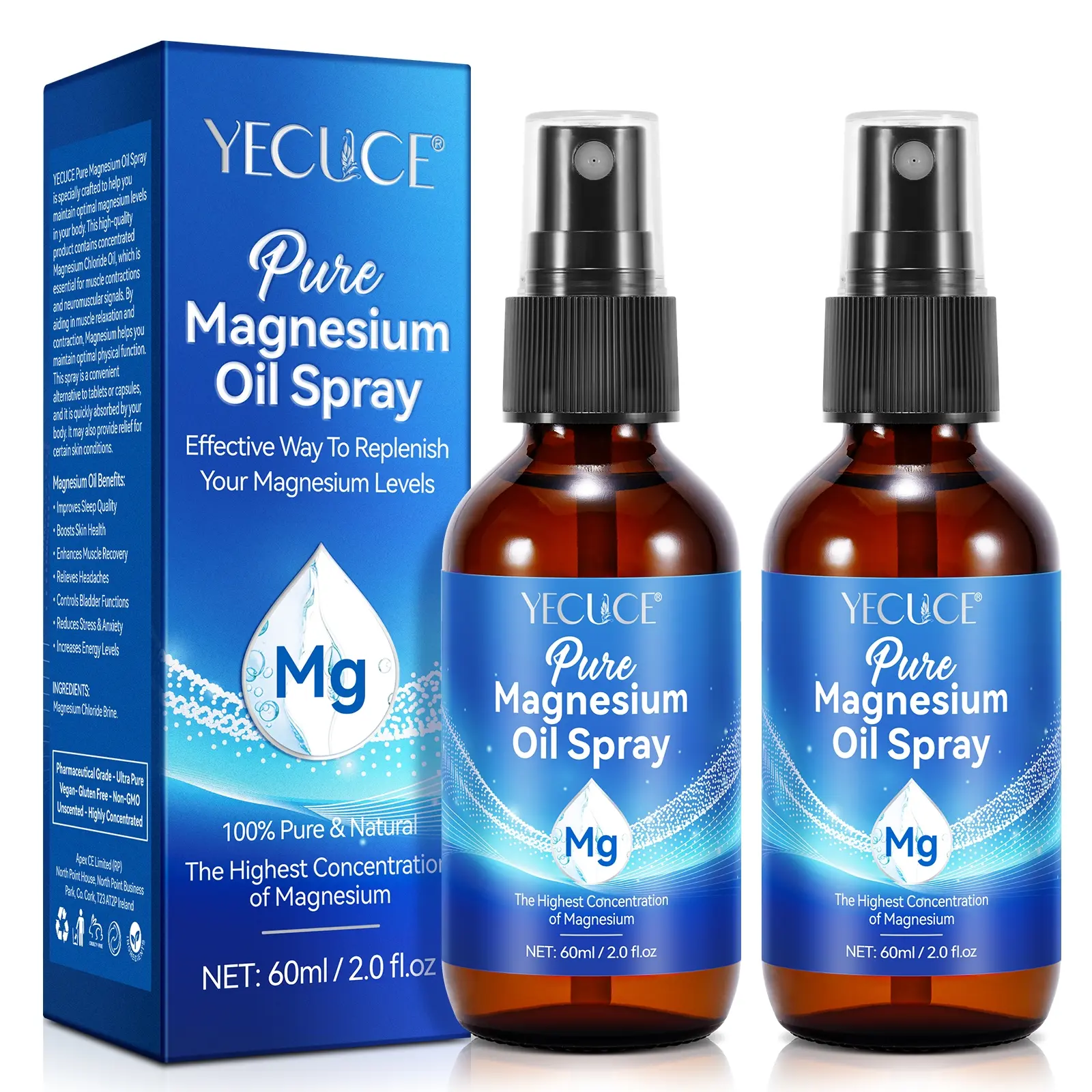 60ML Pure Topical Magnesium Oil Spray, Simple Ingredients, Easy Absorption, Soothing Skin Care, Massage Oil, Liquid Form, No Flammability