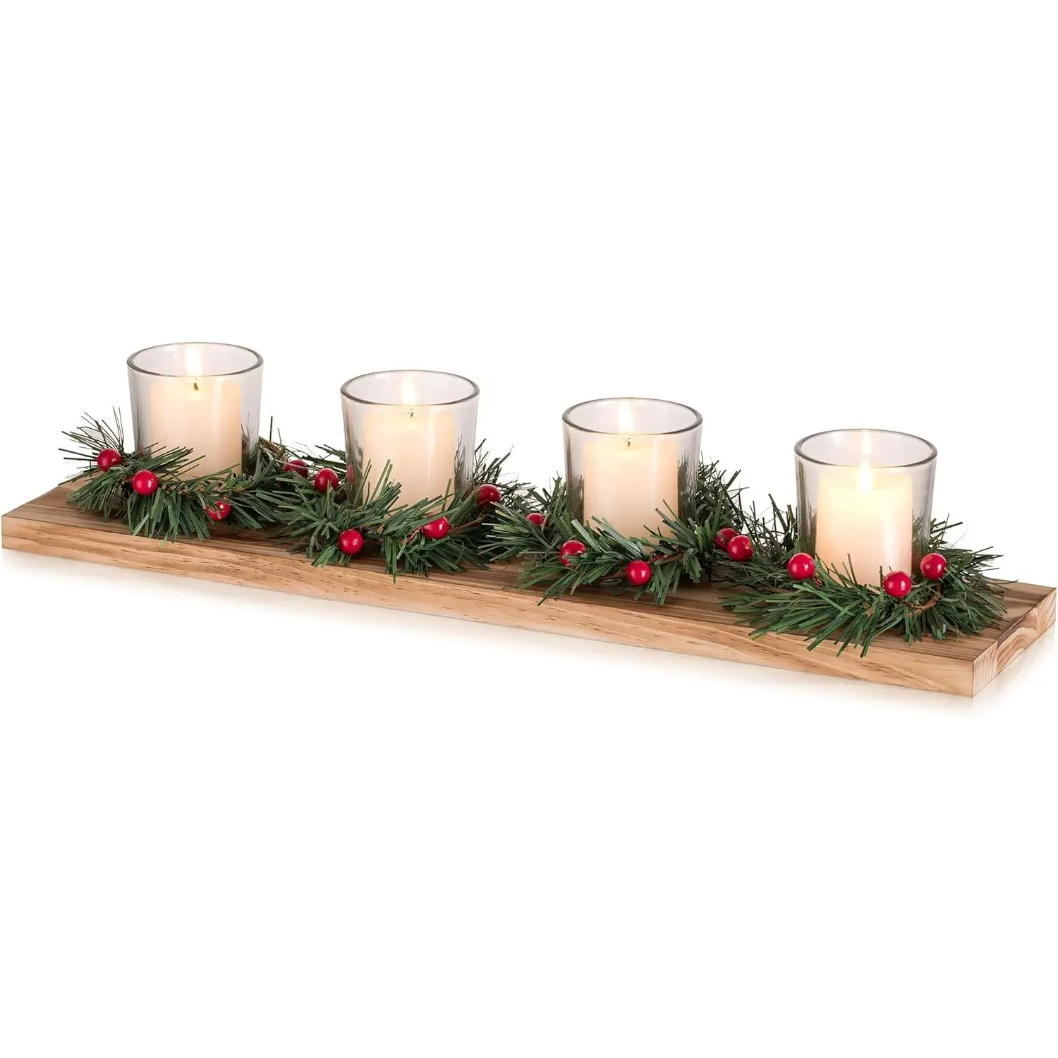 Rustic Christmas Table Centrepiece Candle Holder Set - 4 Tea Light Holders with Mini Christmas Wreaths, Wooden Tray, 16.5 in, Home Decor Gift, Winter Dinner Party Decorations
