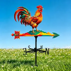 Colorful Rooster Wind Vane, Outdoor Garden Iron Art Decor, Rotating Weather Indicator, Farmhouse Style Ornament for Yard, Roof, Barn, Fence