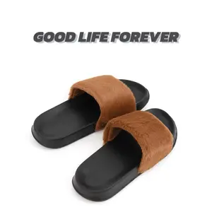 Women's Faux Fur Slippers Fuzzy Flat Spa Fluffy Open Toe House Shoes Indoor Outdoor Slip on Memory Foam Slide Sandals