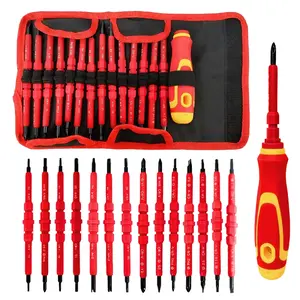 14 piece CR-V insulated screwdriver set, interchangeable screwdriver heads, multifunctional household electrician manual tool set, easy to carry cloth bag storage, with live and neutral wire measurement function, Replaceable Screwdriver Bits