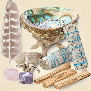 Sacred Cleansing Bundle with Abalone Shell & Feather - Smudging Set Includes White Sage and Palo Santo - Spiritual Wellness Kit for Energy Clearing - Reusable Natural Ritual Tools - Complete Guide Included Freshener Fragrance Scented Perfume Aroma