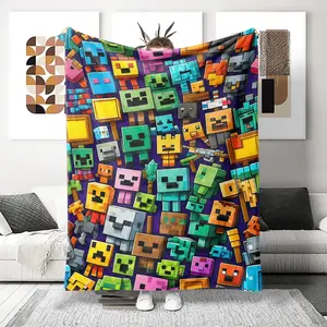 Ultra-Soft Flannel Printed Woolen Blanket, Minecraft Style Pixel Characters Design, Ideal for Anniversaries Birthdays Gifts