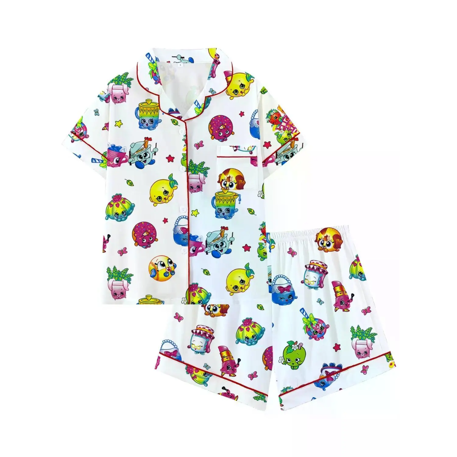Kidcore Aesthetic Kawaii Cartoon Pajama Set | Cute Colorful Food & Toy Print Sleepwear | Soft Short Sleeve Button-Down Loungewear with Red Piping | Playful 2-Piece Summer PJs | Nostalgic Sleepover Nightwear