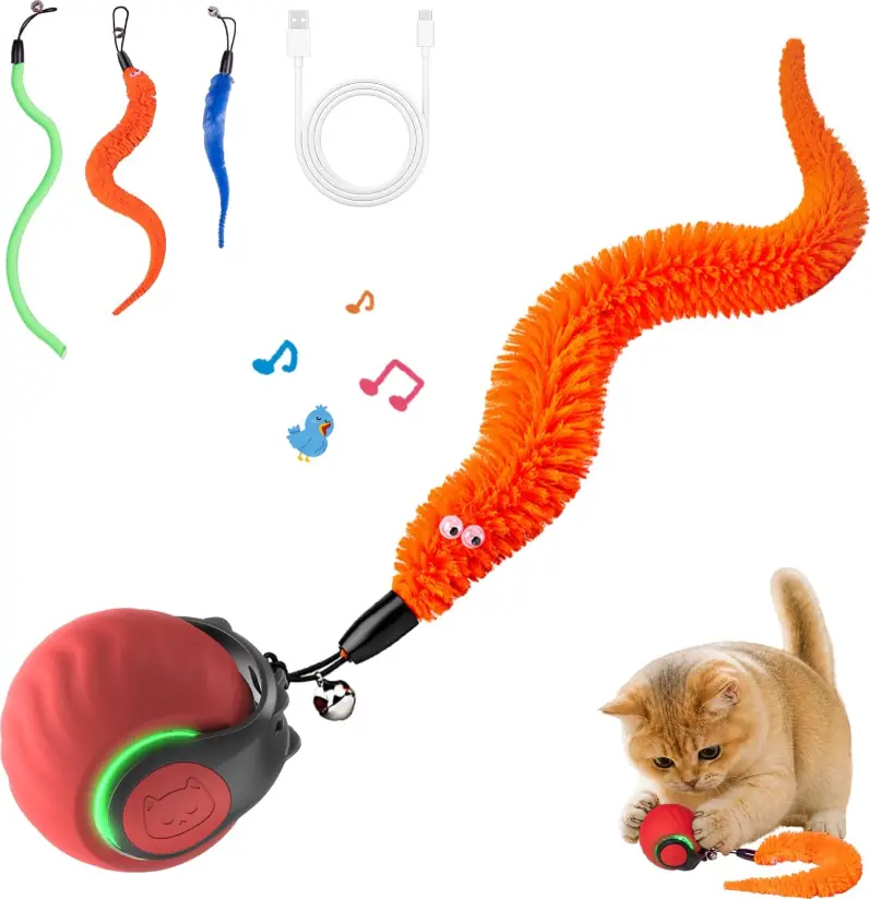 Interactive Cat Toys with Bird Sounds & 3 Speed Modes, Rechargeable Automatic Moving Cat Toy with 3 Tails, Fast Charging Smart Rolling Ball for Indoor Cats to Chase Play on Hard Floor Carpet