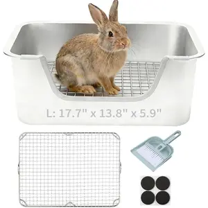 Stainless Steel  Litter Box - Large Bunny Litter Box with Grate, No Odor, Easy Clean Metal  Toilet for Indoor Cage