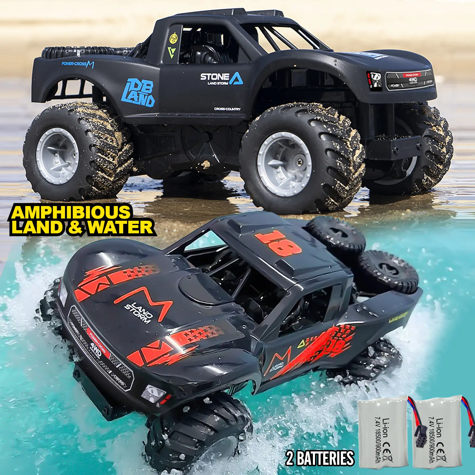 Remote Control All-Terrain Off-Road Car - 4-Wheel Drive Electric Toy with 2 High-Horsepower Batteries, Amphibious Large Tires, Full Waterproofing for 8-12 Year Old Boys