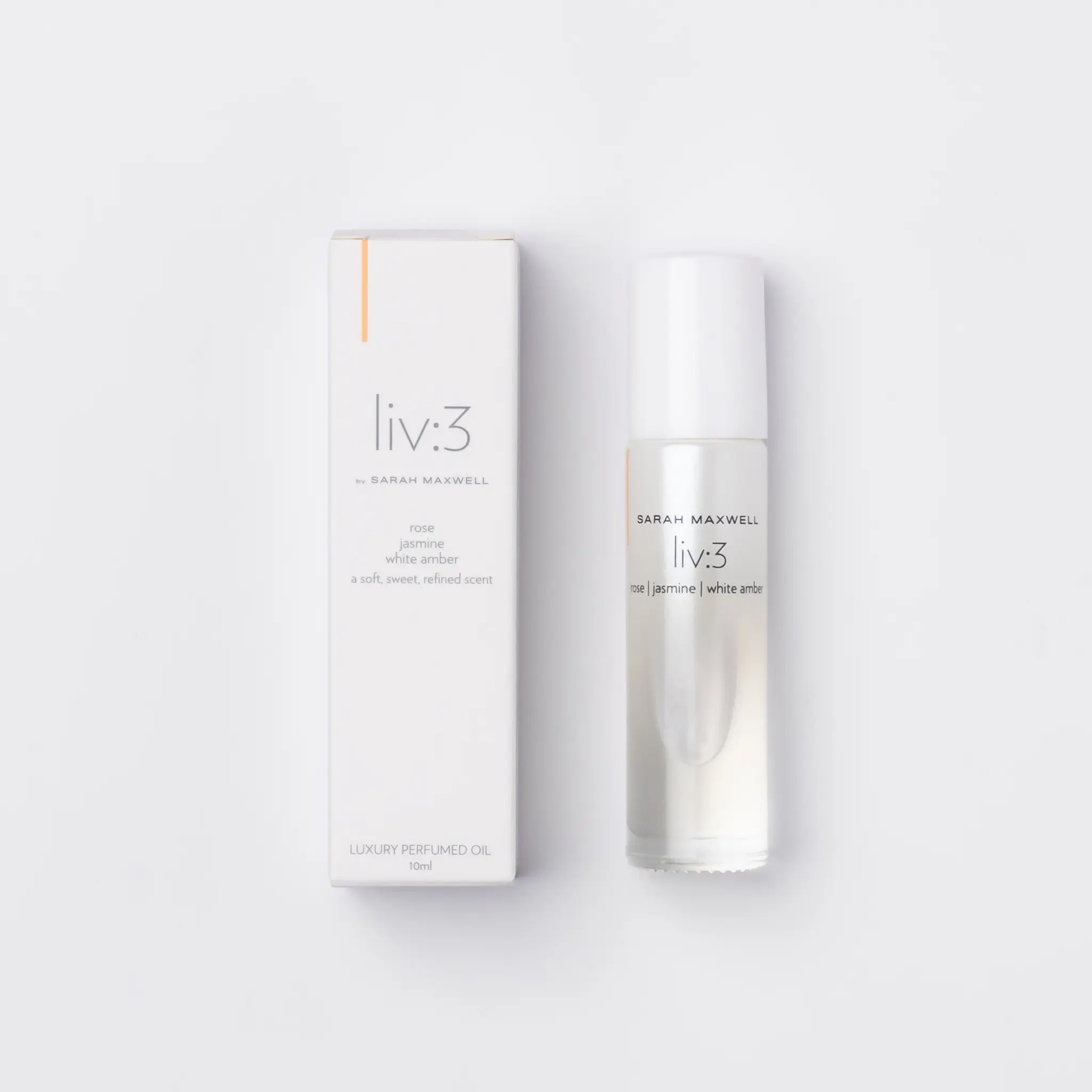 liv:3 Fragrance By Sarah Maxwell. With delicate notes of Rose, Jasmine, and White Amber. liv:3 emanates grace and warmth.