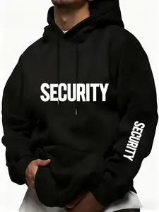 Men's Casual Sporty Hoodie with Security Print, Thickened Fitted Long Sleeve Pullover, Geometric Pattern, Spring & Fall Fashion