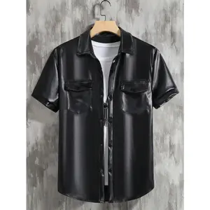 Pu Leather Flap Pocket Short Sleeve Button Up Shirt Party Collar Top