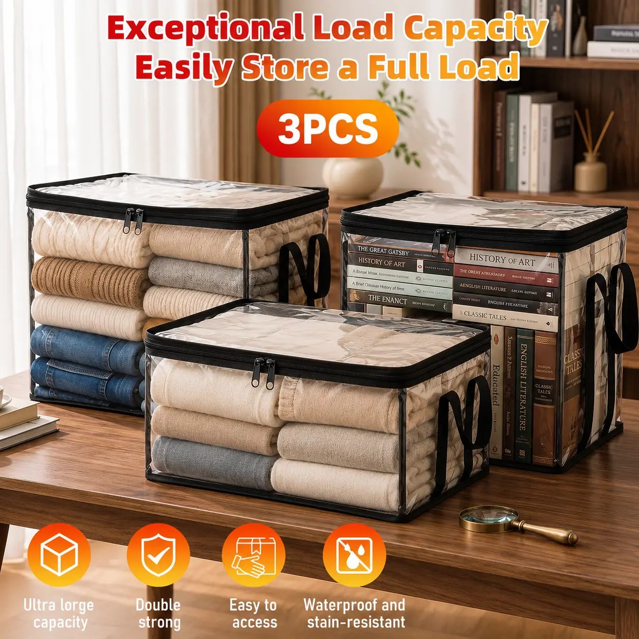 3 Pack Black PVC Stuffed Animal & Doll Storage Box with Handle, Large Clear Thick Plastic Storage Box, Heavy-Duty Durable High-Capacity Organizer for Home, Moving, Attic, Waterproof Dustproof Organizer,dorm essentials,home decor