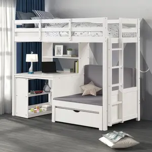 Mateo Twin Loft Bunk Bed with Convertible Bench, Desk, Bookcase & Built-In Charging Station | Contemporary White By FOA