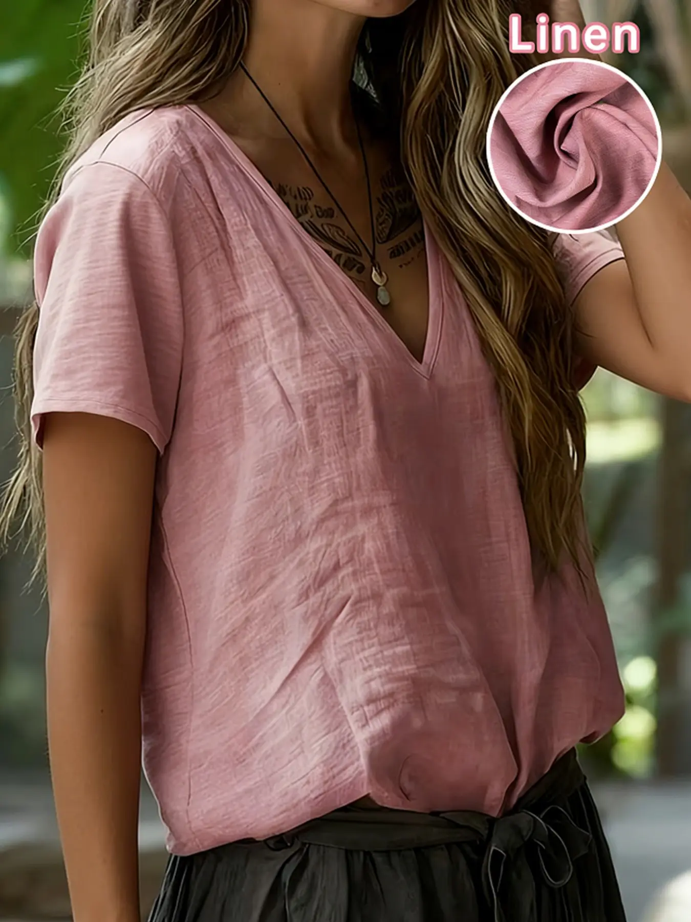Women's Summer Linen Shirt, Lightweight Breathable V-Neck Short Sleeve Top, Casual Daily Tops, Comfortable and Stylish