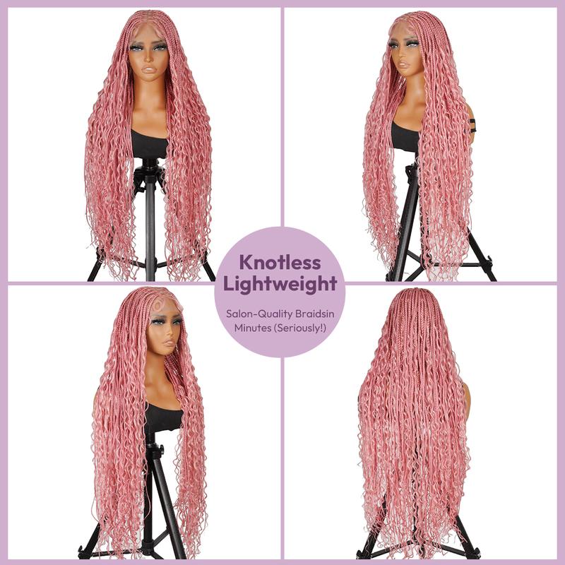 Valentine's Day #Pink 36" Full Lace Bohemian Knotless Boho Box Braided Wig – SuperNova, Lightweight, Breathable, Natural Look, Long-Lasting & Easy to Maintain