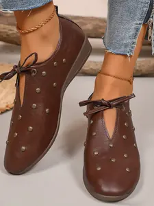 Women's Rivet Wedge Heel Low-Top Shoes, Casual Textile Upper, Rubber Sole, All Seasons Footwear, Solid Pattern, Stylish