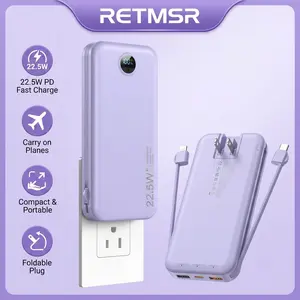 RETMSR 12,000mAh Portable Power Bank — Supports USB-C PD 20W Fast Charging, Features Built-in Wall Plug and Charging Cables, LED Digital Display; Portable Charging for iPhone Series and Apple Watch — The Perfect Travel Companion & Father's Day Gift,summer
