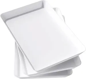 Plastic Serving Tray for Party Supplies, 15" x 10" White Trays for Serving Food, Reusable Large Platter for Buffet, Fruit, Dessert, Snack, Veggie, Kitchen and Outdoor Use, Rectangle, 3 Pcs
