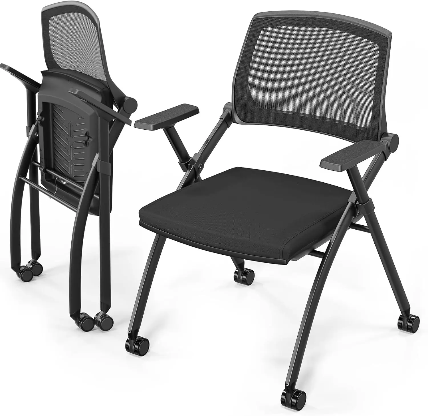 Karlhome 4 Pack Armless Folding Conference Chairs - Stackable Office Chairs with Wheels, Rebound Back, Padded Seat, 350lbs Capacity (350 lb and above), Black for Adults, Training Room, Reception