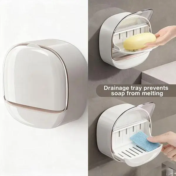 White Wall-Mount Soap Dish with Flip Cover - Waterproof, Antibacterial, Drain Design, 5x12x11.5cm Minimalist Bathroom Holder Soap Dishes, Plastic Bathtub Accessory, Plastic Soap Dishes