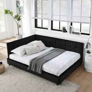 Full Size Upholstered Tufted Bed Frame, Sofa Bed Frame with Comfortable Backrest and Armrests, Full Size Bed for Bedroom, Living Room,Velvet, Black