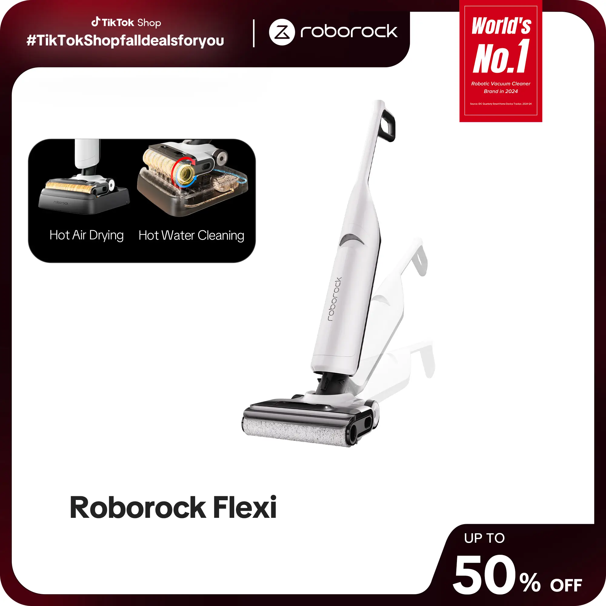 Roborock Flexi Wet Dry Vacuum Cleaner with Hot Water Self-Cleaning & Self-Drying, 180° FlatReach Design, 17000Pa Cordless Vacuum Mop Combo, Edge-to-Ed