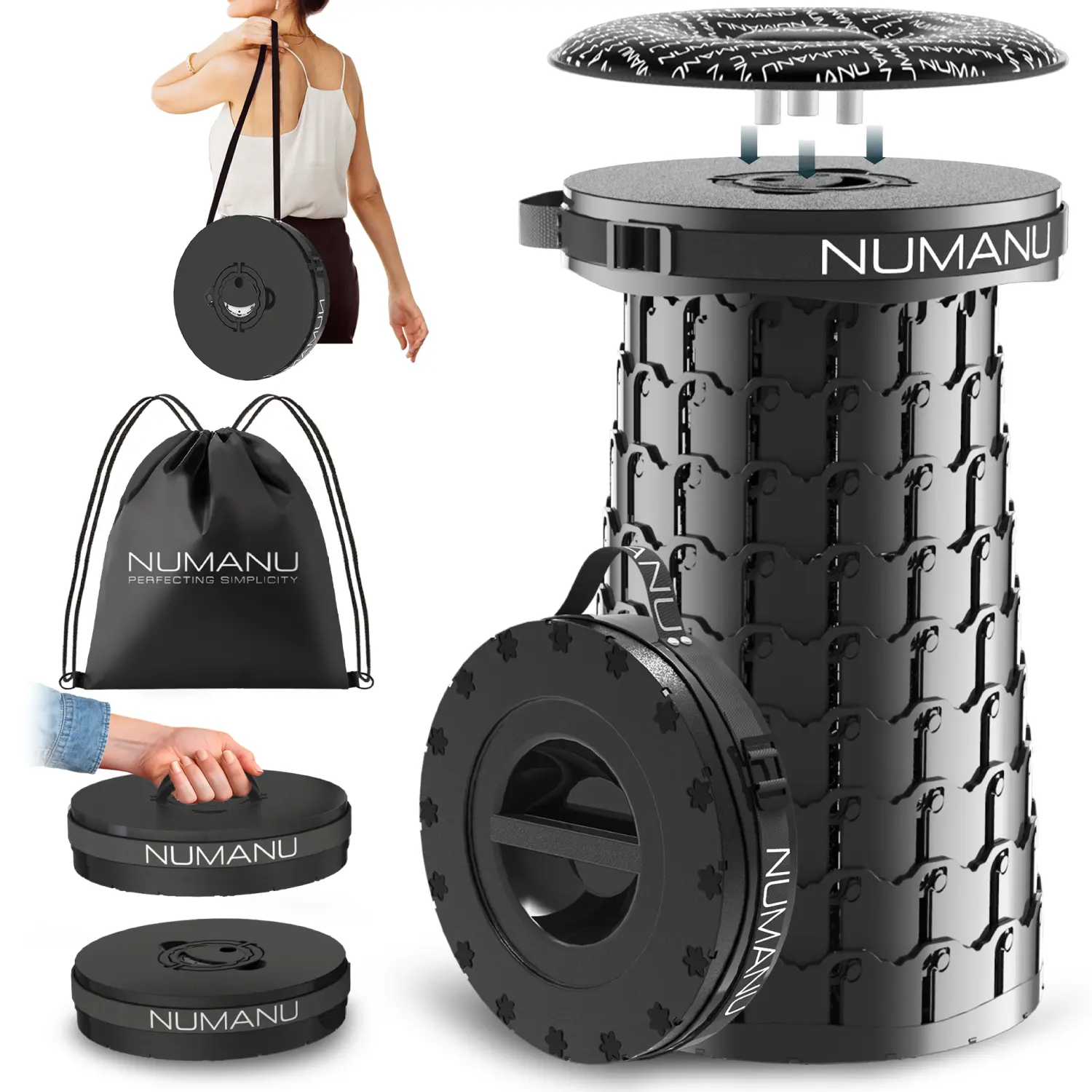 NUMANU 19.7" XXL Collapsible Stool w/ Seat Pad & Waterproof Carry Bag, Taller & Wider 1000lbs Max Weight Heavy Duty Portable Telescopic Seat, Compact Retractable Telescoping Folding Chair or Foldable Foot Rest for Camping, BBQ, Fishing, Hiking & Outdoors