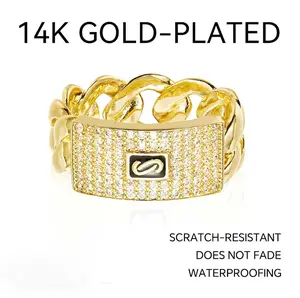 14K Real Gold Plated Cuban Chain Ring Iced out Cubic Zirconia Design Iced Out Hip Hop personality Fashion Hip Hop Ring for Men and Women Streetwear Jewelry