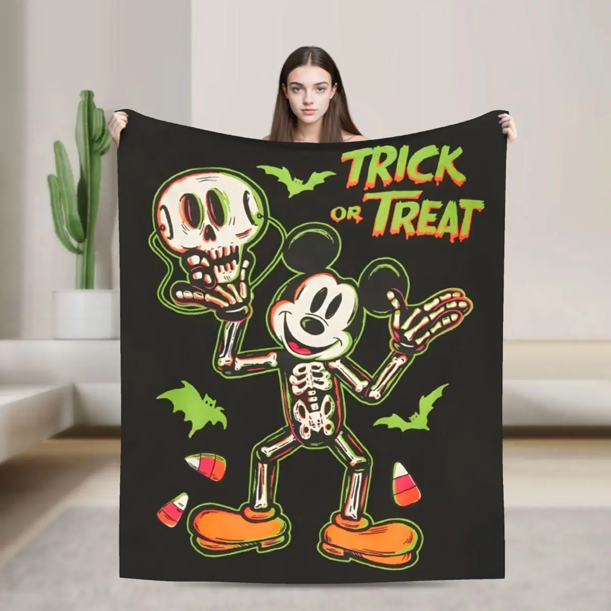 [SummerVibes] DISNEY CLASSIC Mickey Mouse Halloween Flannel Blanket - Soft, Warm, Skull, Bat Cartoon Design, Sofa, Bed, Office, Blanket for Couch, Colorful