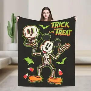 DISNEY CLASSIC Mickey Mouse Halloween Flannel Blanket - Soft, Warm, Skull, Bat Cartoon Design, Sofa, Bed, Office, Blanket for Couch, Colorful
