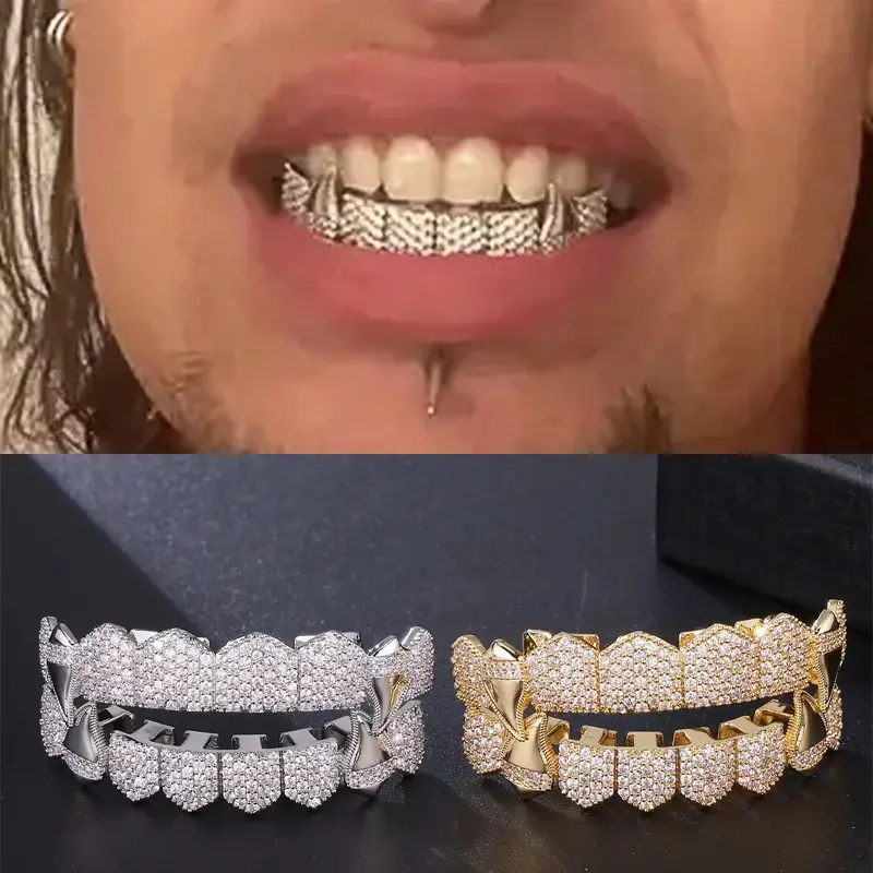 Silver Vampire Teeth Grillz Set - Street Style Hip-Hop Punk Rapper Oral Fake Piercing, Instant Smile Transformative Teeth Caps for Halloween, Mardi Gras, Unisex