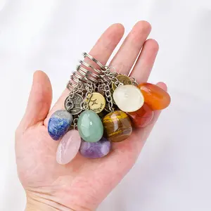 Natural Gemstone The Zodiac Keychain, 1 Count Clear Quartz Rolling Stones Amethyst Key Chain for DIY Car Key Rings Chains, Party Gift, Keychain Jewelry Decor