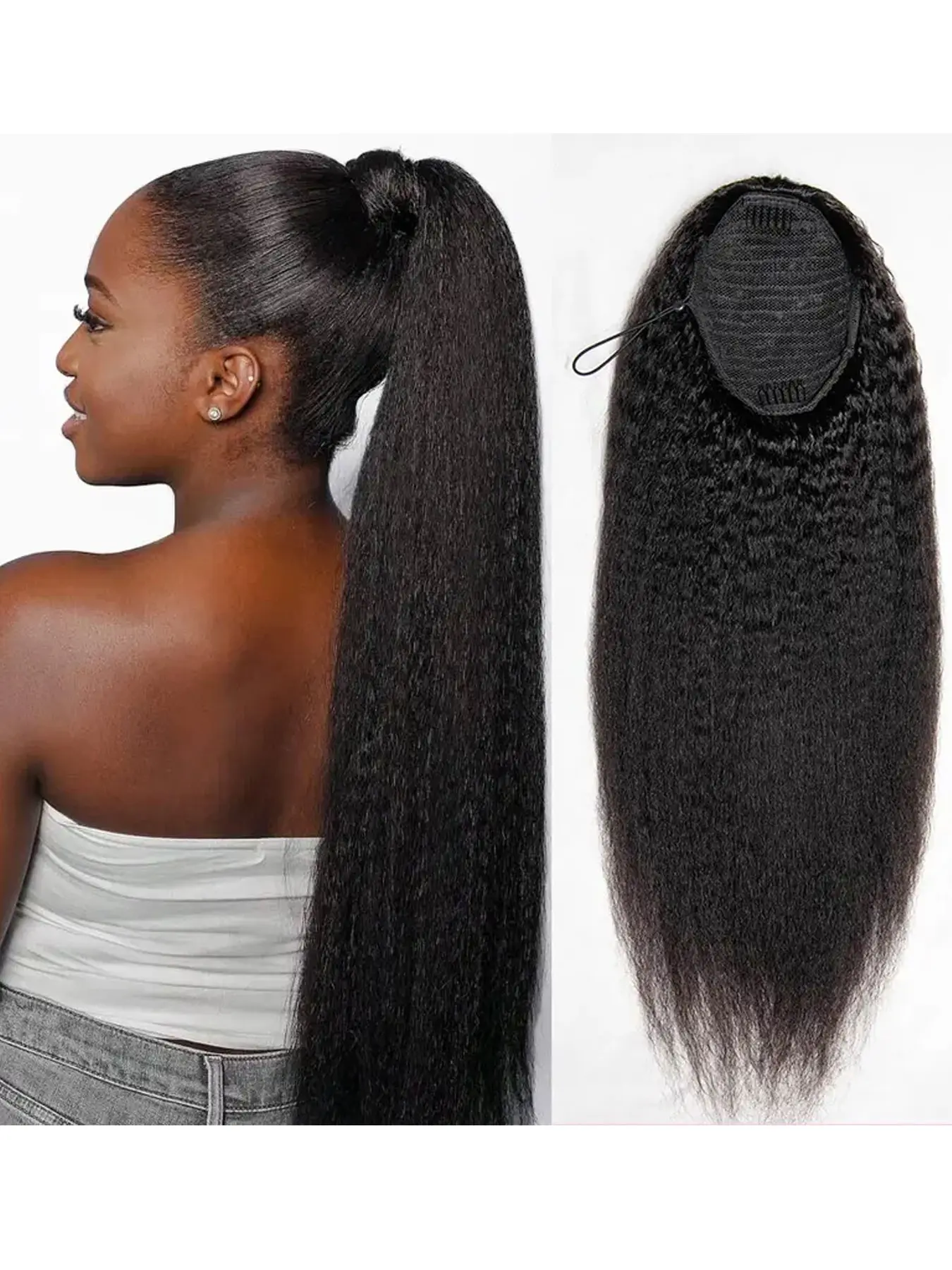 Kinky Straight High-Density 10-Sec Ponytail Protective Hairstyle Drawstring Ponytail Hair Extensions Ponytail 100% HD Human Hair Glueless Kinky Straight