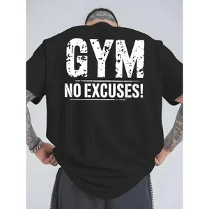 Men'S Gym Motivational T-Shirt - "Gym No Excuses" Back Print, Breathable Athletic Top with Gym-Themed Design, & Contrast, Regular Fit Short Sleeve Round Neck for Workout, Gym Shirts