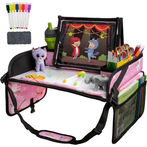 Travel Car Seat Tray - Dry Erase Board & Secure Tablet Holder for Toddler Travel - Durable 600D Oxford Cloth with Snack & Toy Compartments for Road Trip Essentials for Kids - Pink Unicorn